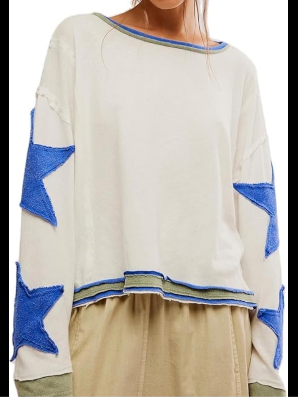 White long sleeve with Blue Star Patches Medium